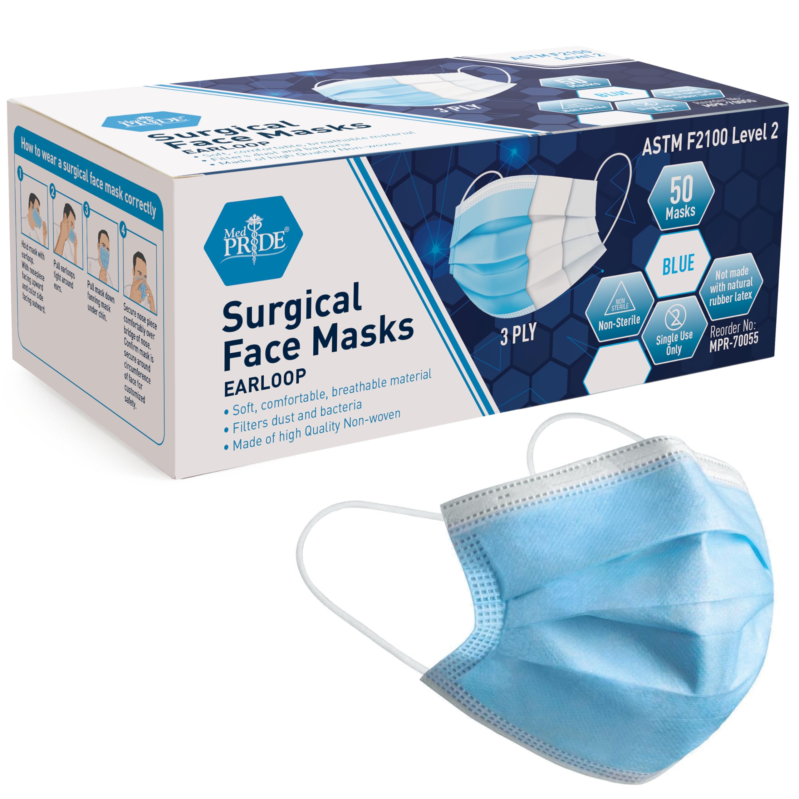 MED PRIDE Blue Medical Masks, Pack of 50 Face Masks, Disposable 3-Ply Earloop Masks, Breathable Non-Woven, Comfortable and Protective for Adults