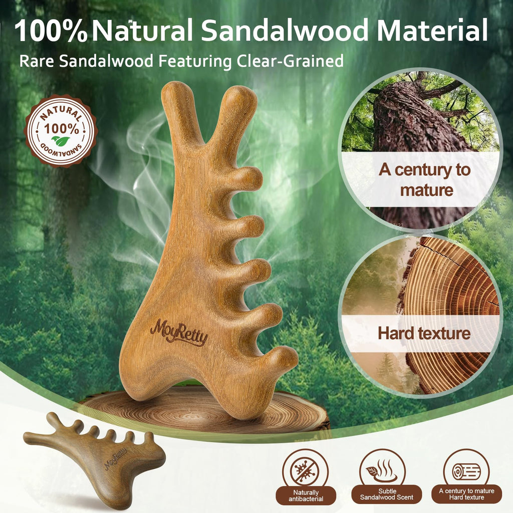 MoyRetty Green Sandalwood Gua Sha Facial Tool(4-in-1), Natural Wooden Face & Body GuashaMassager, Lymphatic Drainage Massage Comb with Storage Pouch, Jawline Shaper