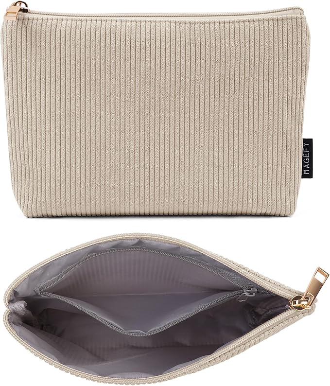 MAGEFY Small Makeup Bag for Purse Corduroy Makeup Bag with Inner Zipper Pockets Travel Cosmetic Bag for Women Preppy Stuff Aesthetic Gifts, Beige