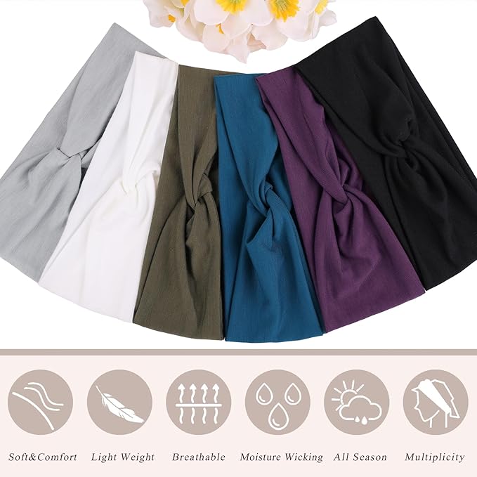 XTREND 6 Pcs Women's Headbands Twisted Cross Elastic Head Bands Yoga Workout Hairbands Non-Slip Sweat Soft Headband Solid Color Simple Versatile Hair Accessory Head Band