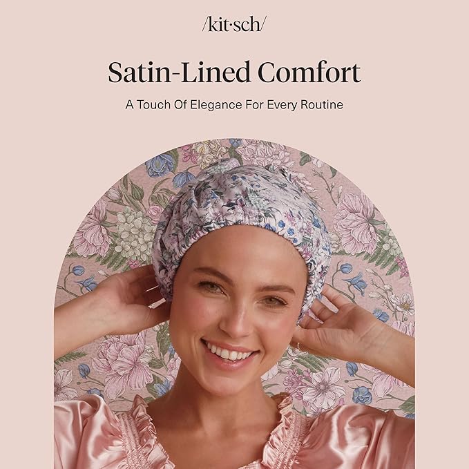 Bridgerton x Kitsch Luxury Satin-Lined Flexi Shower Cap for Women, Wisteria