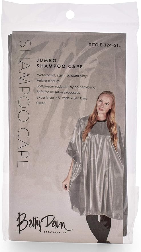 Betty Dain Jumbo Shampoo Cape, 45" W x 54" L, Waterproof and Stain-resistant Vinyl, Soft Nylon Neckband, Touch-and-close Fastener, Machine Washable, Silver