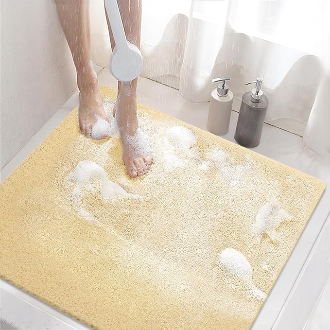 HITSLAM Square Shower Mat Non Slip, Bath Tub Mat for Textured Surface, Soft PVC Loofah Bathtub Mats Without Suction Cups, Quick Drying Shower Floor Mat, 24 x 24 Inch Bathroom Accessories, Beige