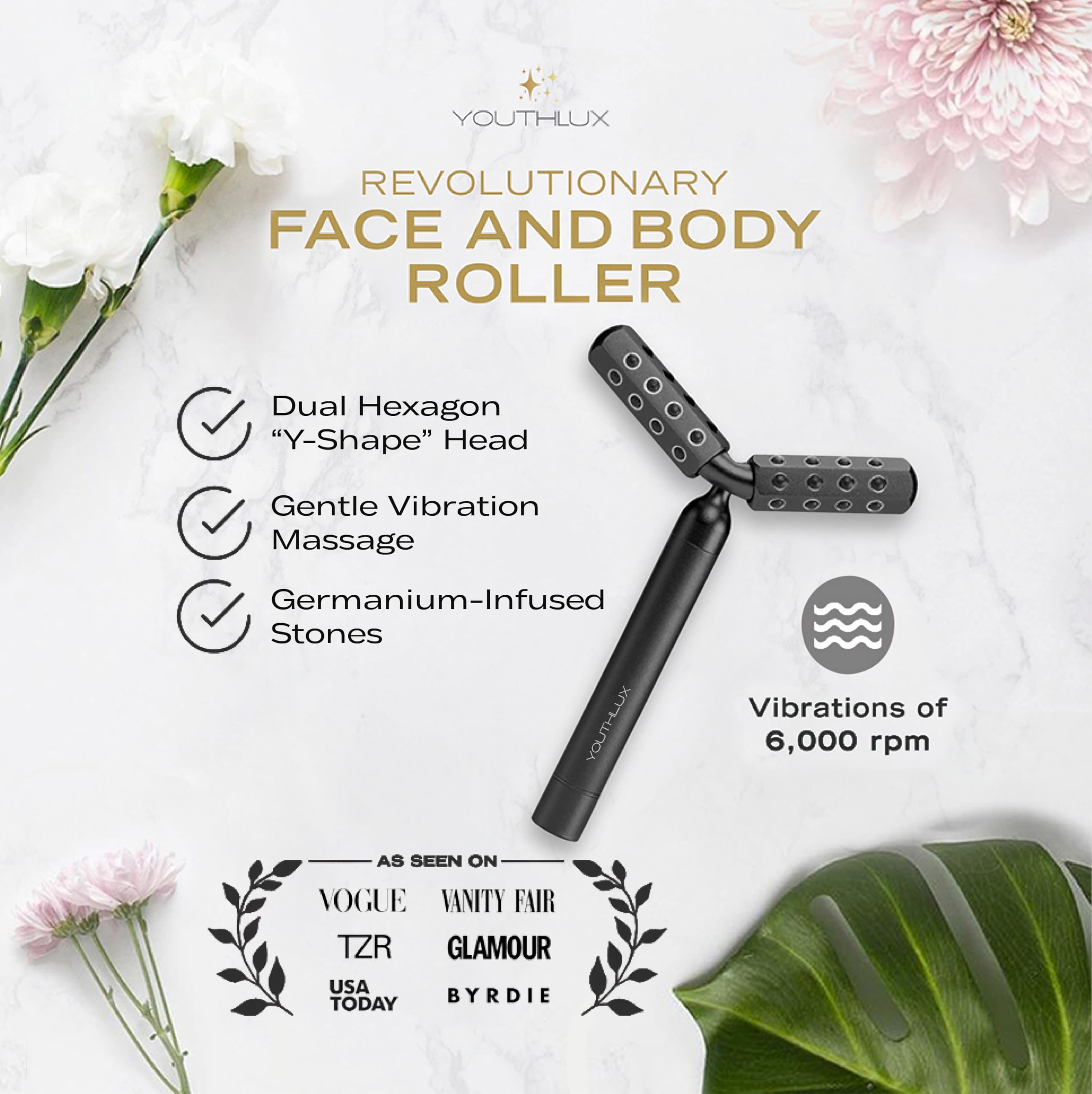 YOUTHLUX Revolution Roller - Germanium Stone Uplifting Face/Body Beauty Massage Tool/Roller/Wand for Skin Tightening/Firming, De-Puffing, Anti-Aging (Black)
