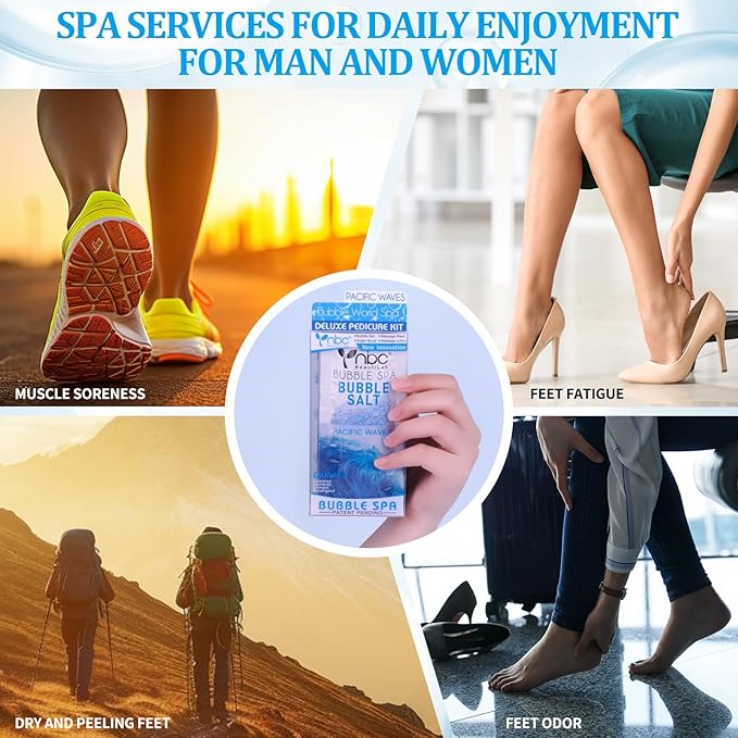 nbc BeautiLab Pedicure Kit Foot Soak Set: Bubble Salt, Sugar Scrub, Massage Mask, Massage Lotion in a Box, 4 Step Foot Spa Kit for Dry Feet, Calluses and Tired Feet(3 Set Pacific Waves)
