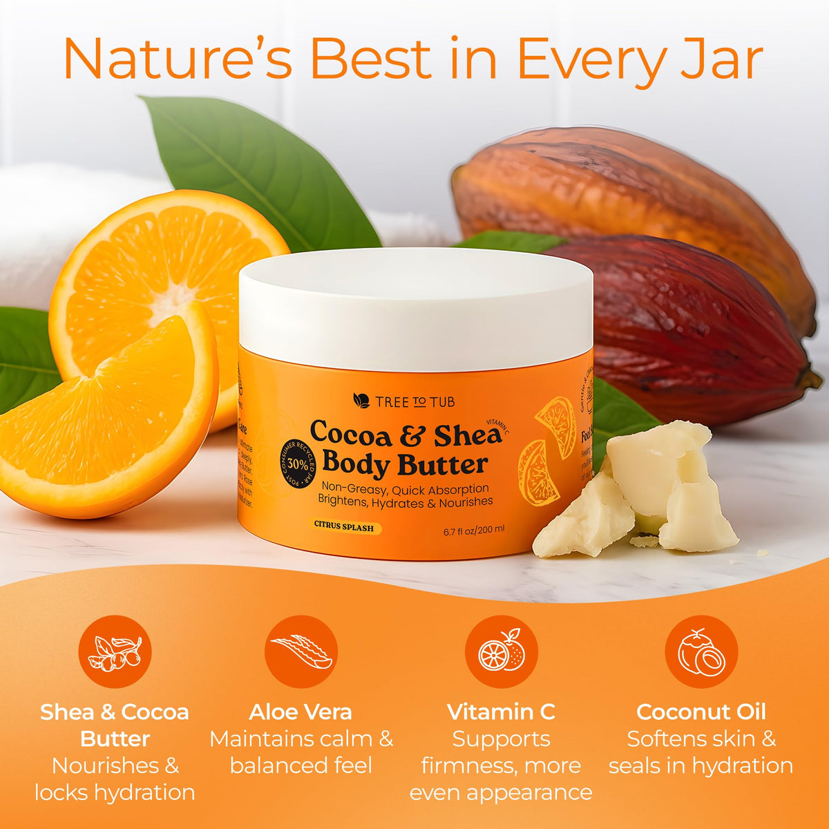 Tree To Tub Citrus Cocoa Shea Body Butter, Hydrating, Dry Skin, 6.7 Fl Oz
