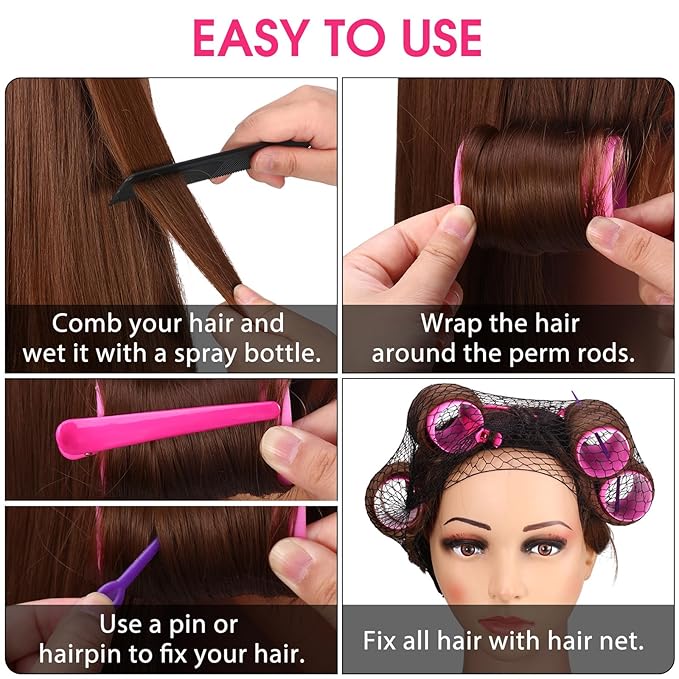 141 Pieces Hair Rollers Set Include 60 Plastic Hair Rollers (Pink,6 Size)