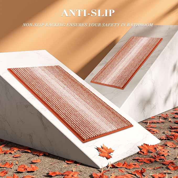Bathroom Rugs and Mats Sets, 2 Piece Thick Absorbent Chenille Bath Mat Rug Set Non Slip, Soft Shaggy Bath Room Floor Mats for Bathroom, Machine Washable (Sunset Orange, 20" x 32" Plus 16" x 24")