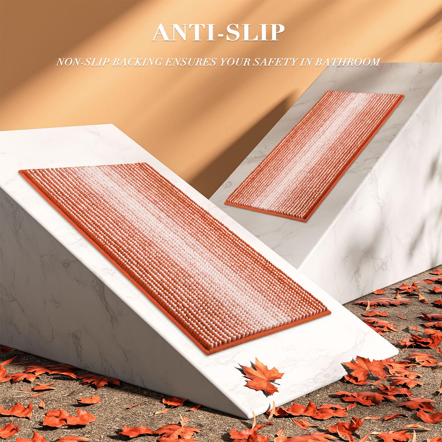Bathroom Rugs and Mats Sets, 2 Piece Thick Absorbent Chenille Bath Mat Rug Set Non Slip, Soft Shaggy Bath Room Floor Mats for Bathroom, Machine Washable (Sunset Orange, 20" x 47" Plus 16" x 24")