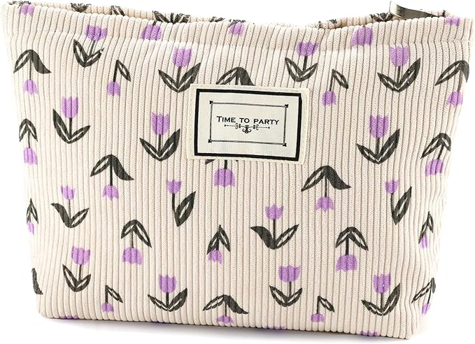 URSKYTOUS Flower Makeup Bag Travel Large Cosmetic Bag for Women Cute Makeup Pouch Zipper Cosmetic Pouch for Purse Corduroy Aesthetic Purple Floral Skincare Organizer Bag Portable Toiletry Bag