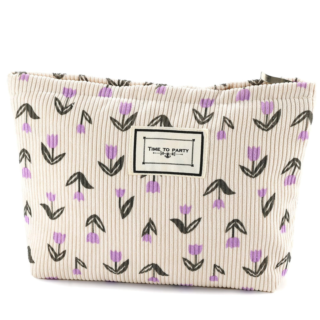 URSKYTOUS Flower Makeup Bag Travel Large Cosmetic Bag for Women Cute Makeup Pouch Zipper Cosmetic Pouch for Purse Corduroy Aesthetic Purple Floral Skincare Organizer Bag Portable Toiletry Bag