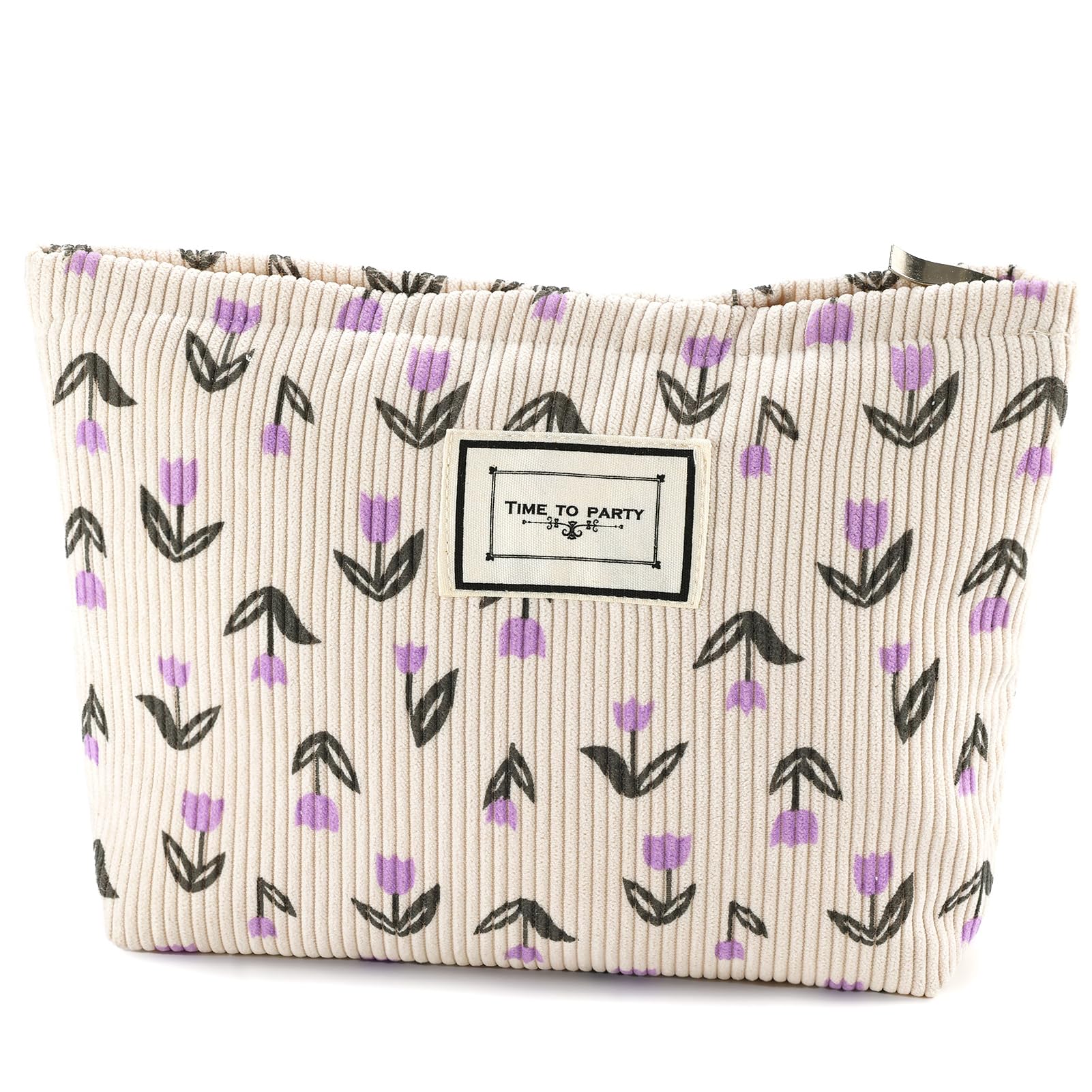 URSKYTOUS Flower Makeup Bag Travel Large Cosmetic Bag for Women Cute Makeup Pouch Zipper Cosmetic Pouch for Purse Corduroy Aesthetic Purple Floral Skincare Organizer Bag Portable Toiletry Bag