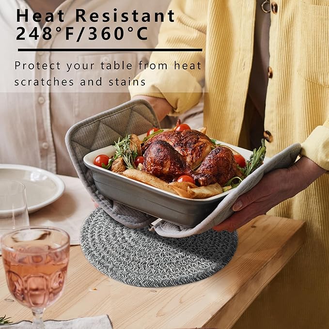Coga Trivets for Hot Dishes, 5 Pack 7 Inch Cotton Hot Pads for Kitchen with Storage Basket, Round Pot Holders for Kitchen, Heat Resistant Mats for Countertop, Pots and Pans, Farmhouse Decor, D Grey
