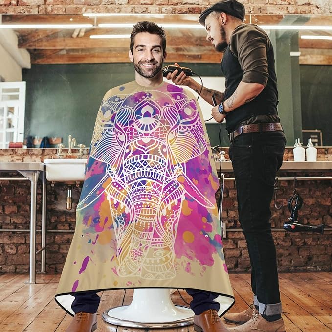 Visesunny Barber Cape - Vintage Elephant Colorful Tattoo Polyester Hair Cutting Salon Apron Anti-Static Haircut Water-Resistant Shaving Cloth Beard Shaving Bib