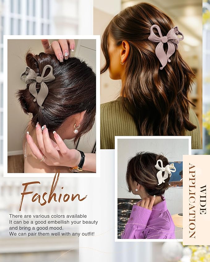 4 PCS Bow Hair Clips Bow Claw Clip for Women, Large Hair Claw Clips for Thin Thick Long Hair Cute Nonslip Bows(White+Black+Grey+Naked Pink)