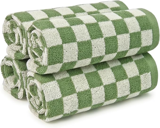 Wash Cloths Checkered 4 Pack (Green) - Cotton Washcloths for Face Body