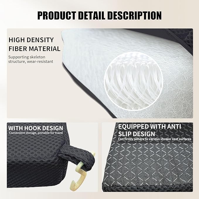 Gwremzlox Shower Seat Cushion,Thickened Shower Chair Cushion 4D Air Fiber Material,Machine Washable and Fast Drying Suitable for Shower Seats Bathtub Baths, Poolside & Rest Dressing Room Seats，Black