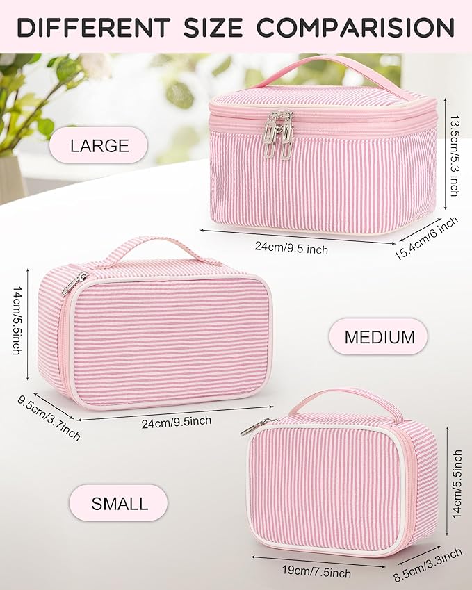 Relavel Travel Makeup Bag, Small Pink Cosmetic Bag with 2 Makeup Brush Holders, Portable Compact Makeup Pouch for Women, Cute Toiletry Bag with Double Layer Organizer, Pink Strip
