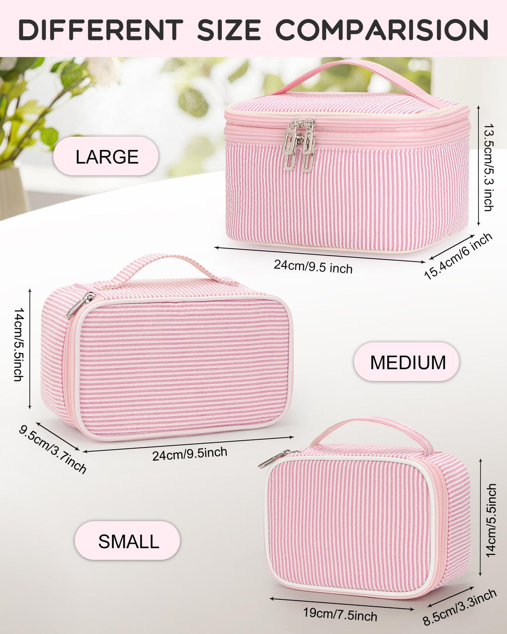 Relavel Large Makeup Bag, Portable Pink Cosmetic Bag for Girls, Dual-layer Makeup Pouch with Brush Holder, Multi-Functional Preppy Toiletry Organizer for Travel, Daily Use - Pink Strip