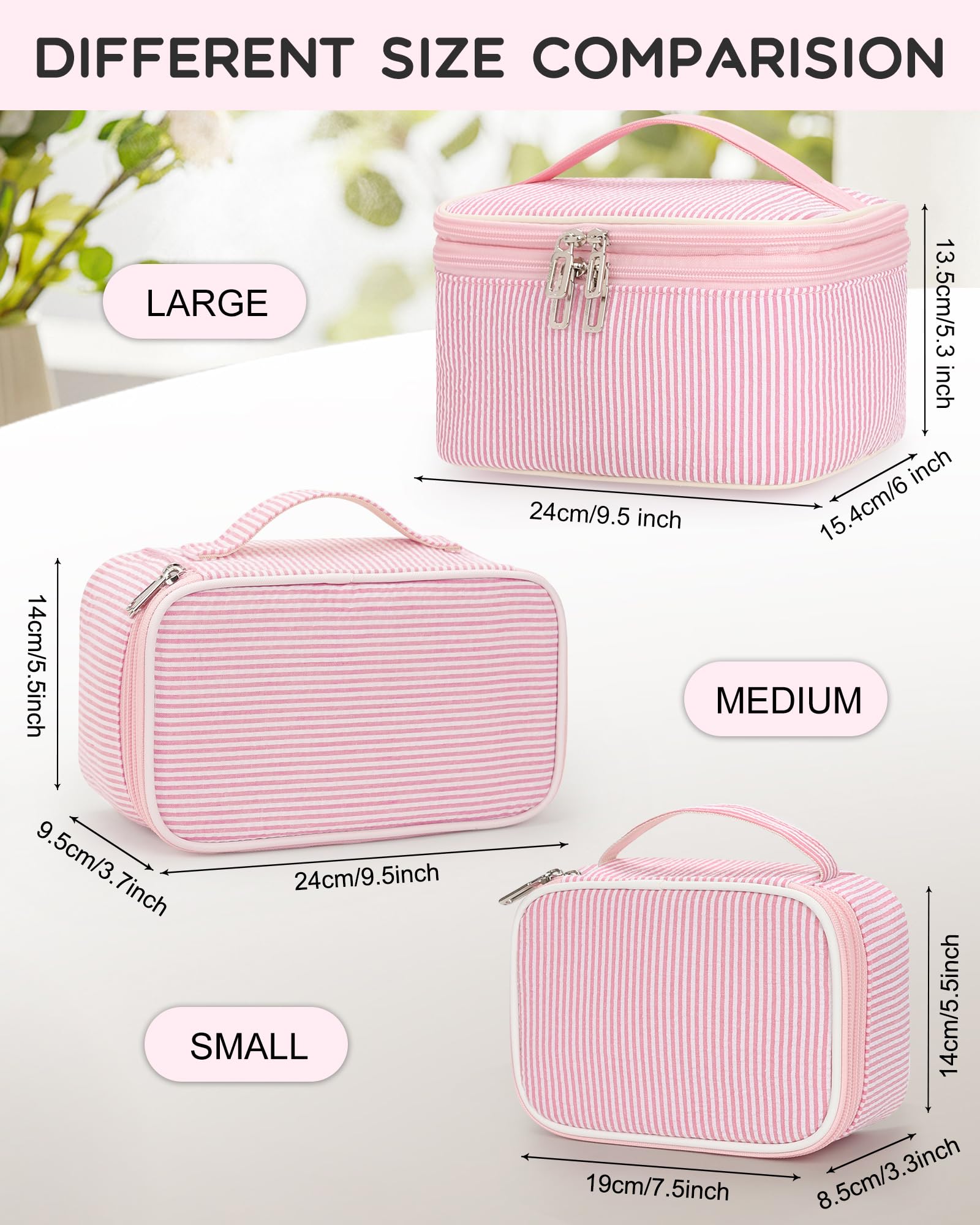 Relavel Large Makeup Bag, Portable Pink Cosmetic Bag for Girls, Dual-layer Makeup Pouch with Brush Holder, Multi-Functional Preppy Toiletry Organizer for Travel, Daily Use - Pink Strip