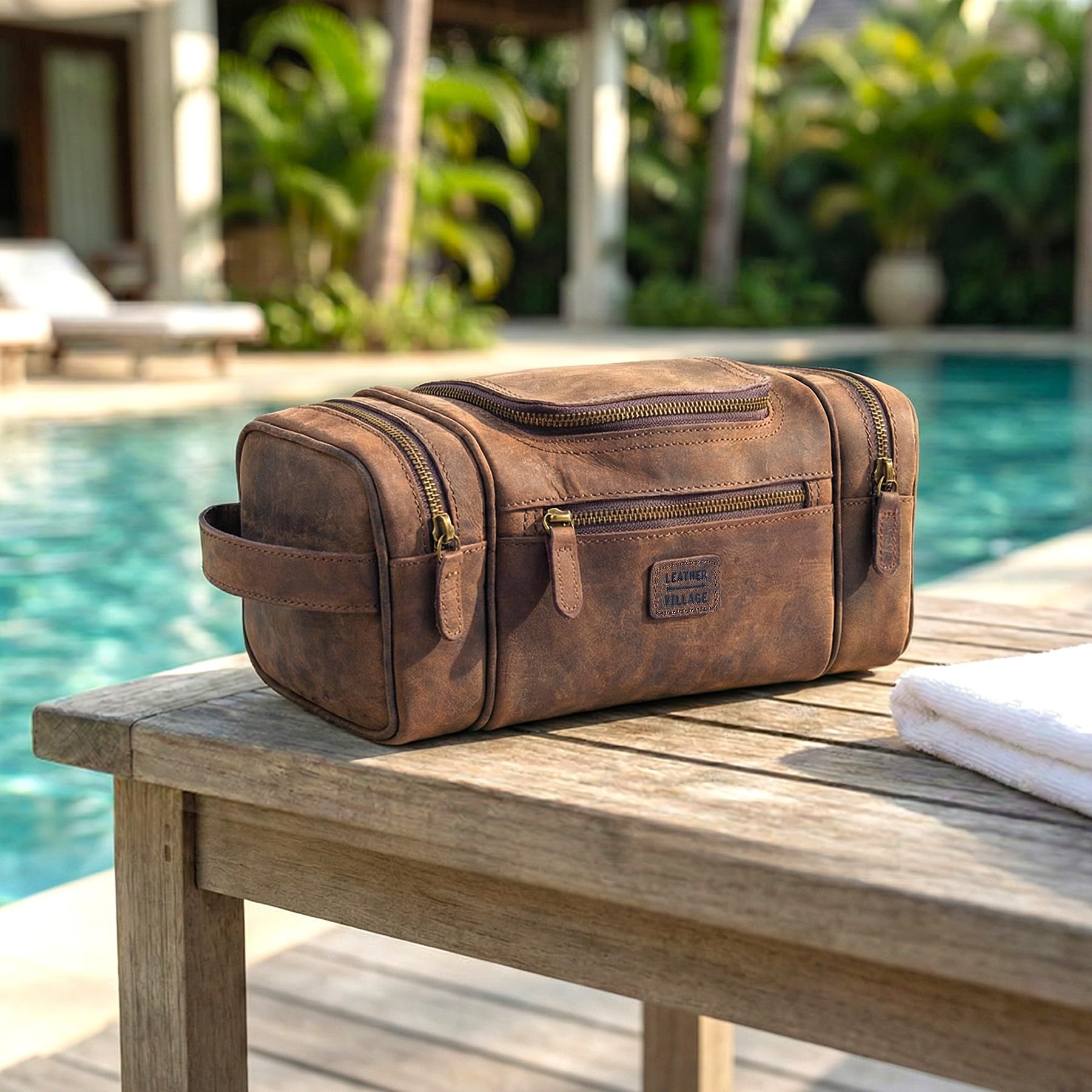 LEATHER VILLAGE Large Leather Toiletry Bag for Men, Hanging Travel Dopp Kit