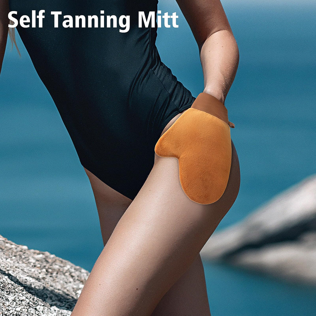 Self Tanning Brushes- Blend & Blur Extra Large Body Makeup Brush & Tanning Mitt, 2 Pcs, Kabuki Body Brush Applicator for Tan, Foundation, Self Tanner Glove for Application, Mousse, Lotion (Rose Gold)