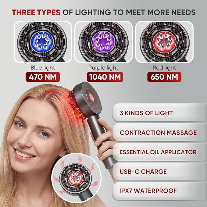 3-in-1 Scalp Massager with Oil Applicator, Portable Cordless Scalp Brush for Men & Women, Adjustable Speed, Soothing Red LED Mode, IPX7 Waterproof, Rechargeable Head Massage Comb for Shower & Dry Use