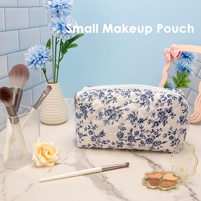 PAZIMIIK Small Quilted Makeup Bag,Zipper Cosmetic Pouch,Jouy Blue,6 Pack