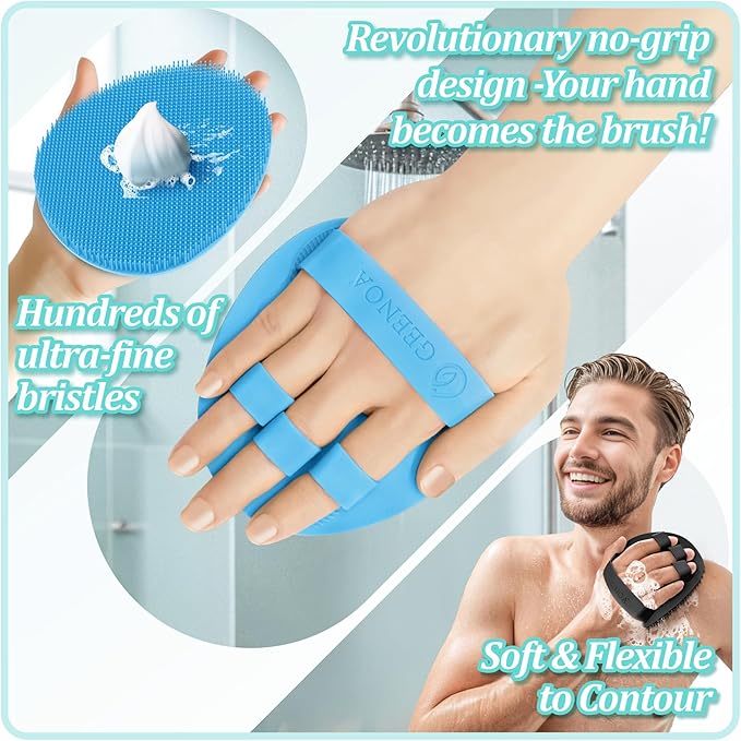 Silicone Bath Gloves 2PCS, 360° Anti-Slip & Enlarged Silicone Body Scrubber for Rich Foaming Deep Cleaning, Revolutionary No-Grip & Hand-fit Shower Scrubber for All Skin Types.(Black+Blue)