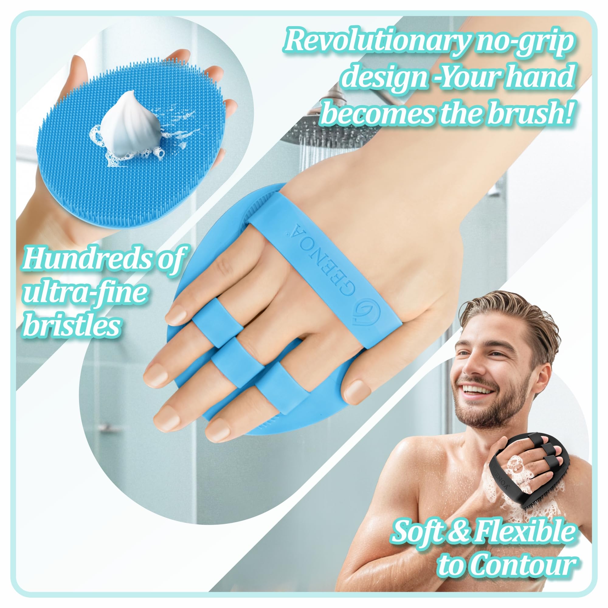 GEENOA Silicone Bath Glove & Face Scrubber Set 2PCS, 360° Anti-Slip & Hand-fit Body Scrubber for Rich Foaming Deep Cleaning, Unique Facial Scrubber with Side-bristles for Contoured Areas.(Blue)