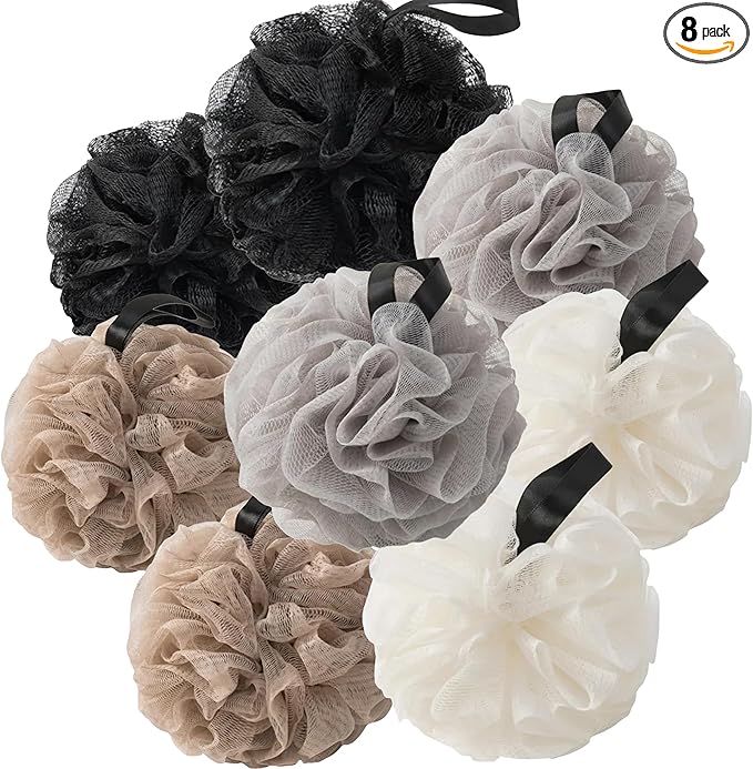 Loofah Sponges for Shower,Neutral Family 8 Pack - Black (x2), Gray (x2), Beige (x2) & Khaki (x2)