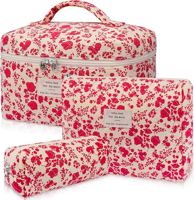 Gosect 3pc Makeup Bag Set, Quilted Makeup Bag Set, Large Floral Cosmetic Bag for Women, Cute Cotton Makeup Bags, Flower Travel Toiletry Organizer Bag (Bright Pink)
