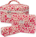 Gosect 3pc Makeup Bag Set, Quilted Makeup Bag Set, Large Floral Cosmetic Bag for Women, Cute Cotton Makeup Bags, Flower Travel Toiletry Organizer Bag (Bright Pink)