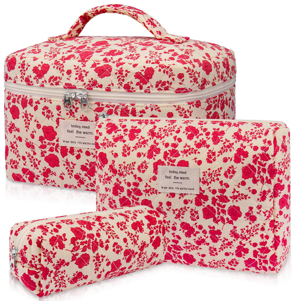 Gosect 3pc Makeup Bag Set, Quilted Makeup Bag Set, Large Floral Cosmetic Bag for Women, Cute Cotton Makeup Bags, Flower Travel Toiletry Organizer Bag (Bright Pink)