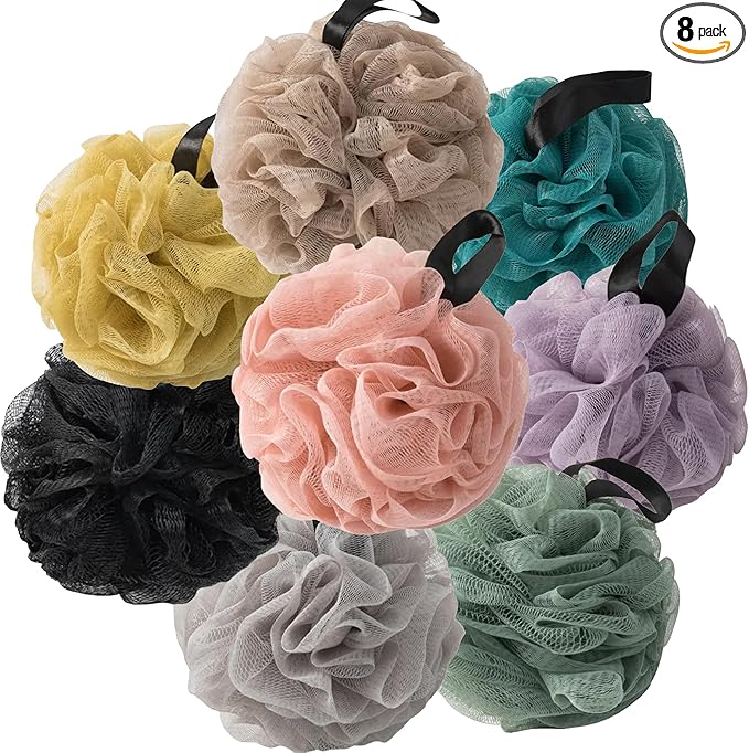 Loofah Sponges for Shower,Everything Deep 8 Pack - Black, Dark Green, Peacock Green, Khaki, Gray, Pink, Purple & Yellow