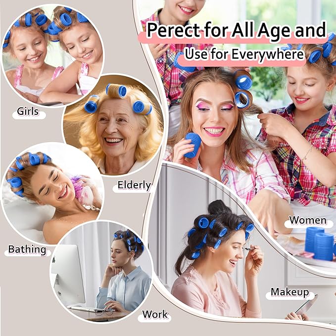 4 Sizes Self-Grip Hair Rollers Set with Clips - 4 Sizes for Long, Short Hair & Bangs (25mm, 36mm, 48mm, 60mm), (Blue, 4 Sizes)