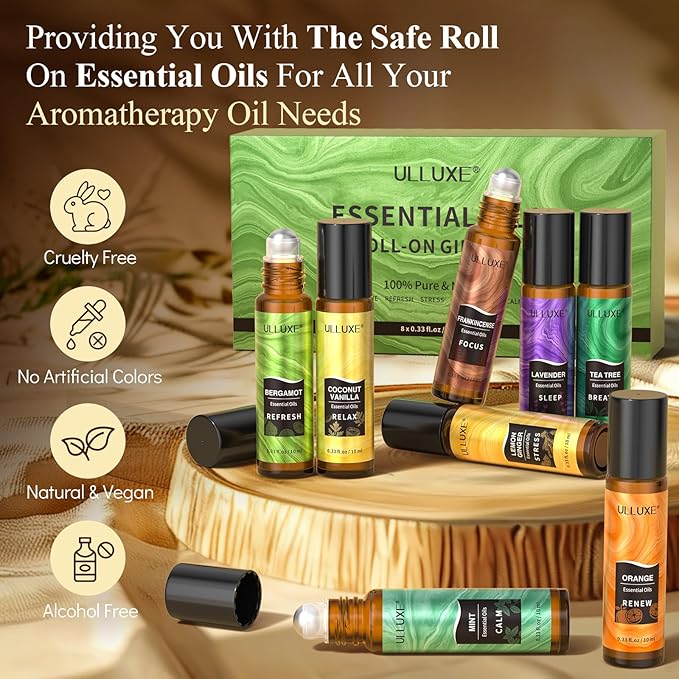 Essential Oils Roll On Set (Pack of 8) 8 Scent, Relaxing, Self Care Gifts for Women, Essential Oil Roller Set, Natural Aromatherapy Roll Oil Blends for Skin, Birthday Gifts for Wife, Mom & Girlfriend