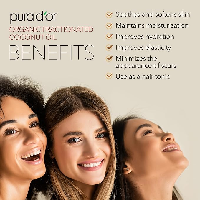 PURA D'OR ORGANIC Fractionated Coconut Oil MCT Oil (16.9 Oz GLASS BOTTLE) 100% Pure & Natural