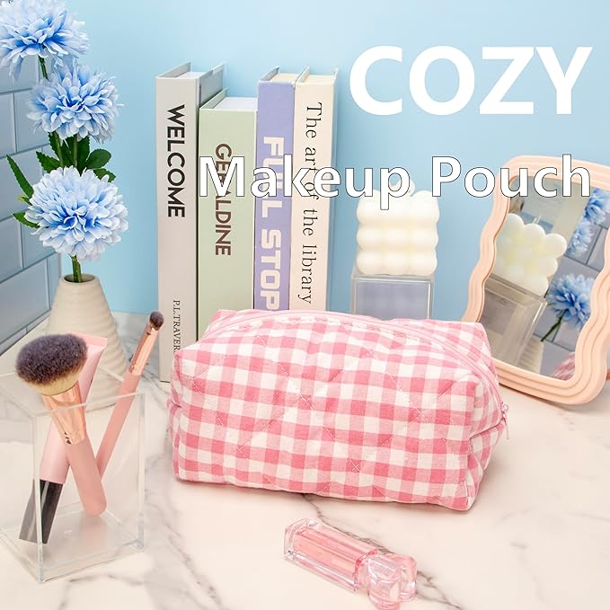 PAZIMIIK Cozy Makeup Bag for Women,Zipper Cosmetic Pouch,Checkered Pink
