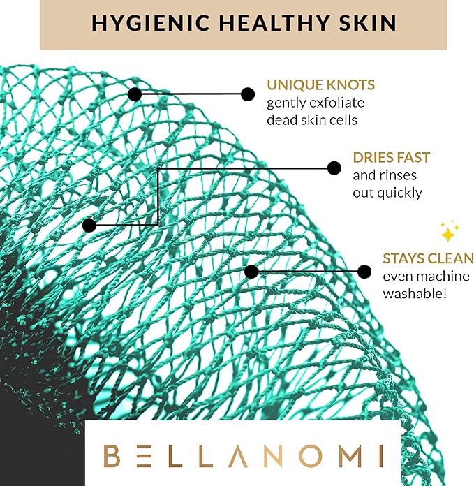 BELLANOMI African Exfoliating Net Sponge, Authentic, Ethically sourced from Nigeria, 45 inches Long, Back Scrubber for Daily use (Seafoam)