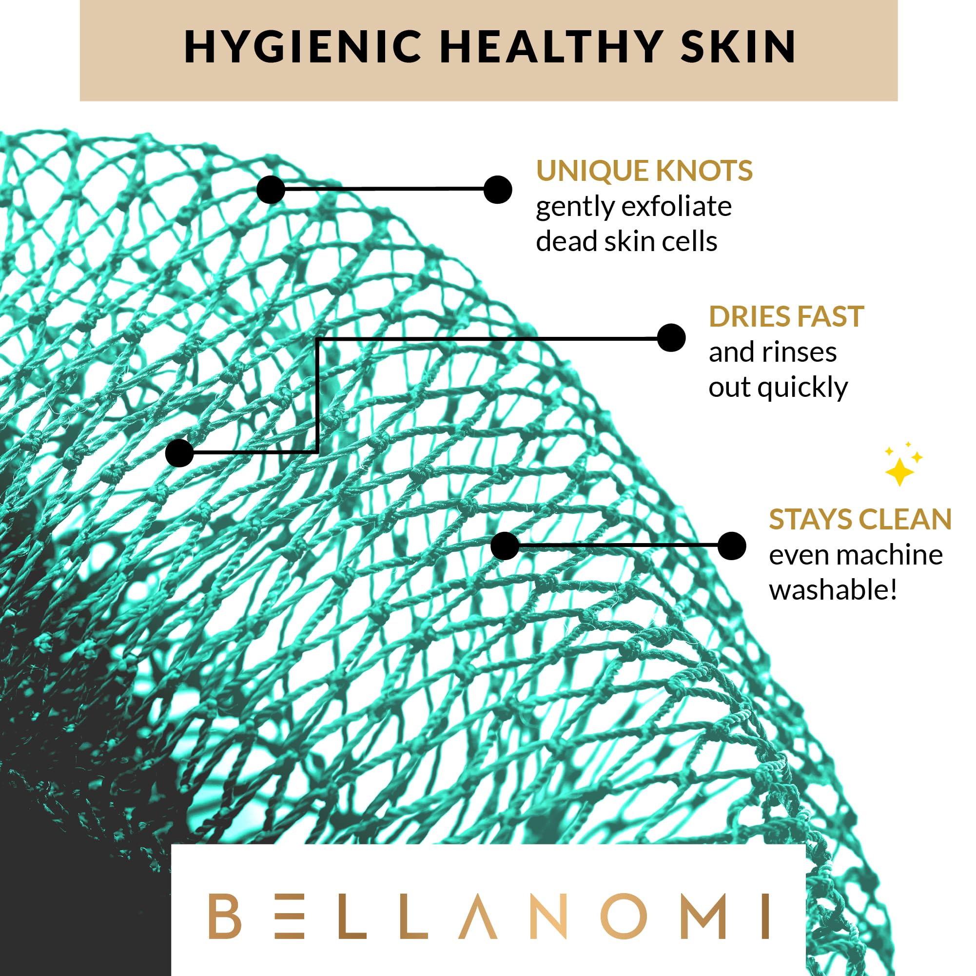 BELLANOMI African Exfoliating Net Sponge, Authentic, Ethically sourced from Nigeria, 45 inches Long, Back Scrubber for Daily use (Seafoam)