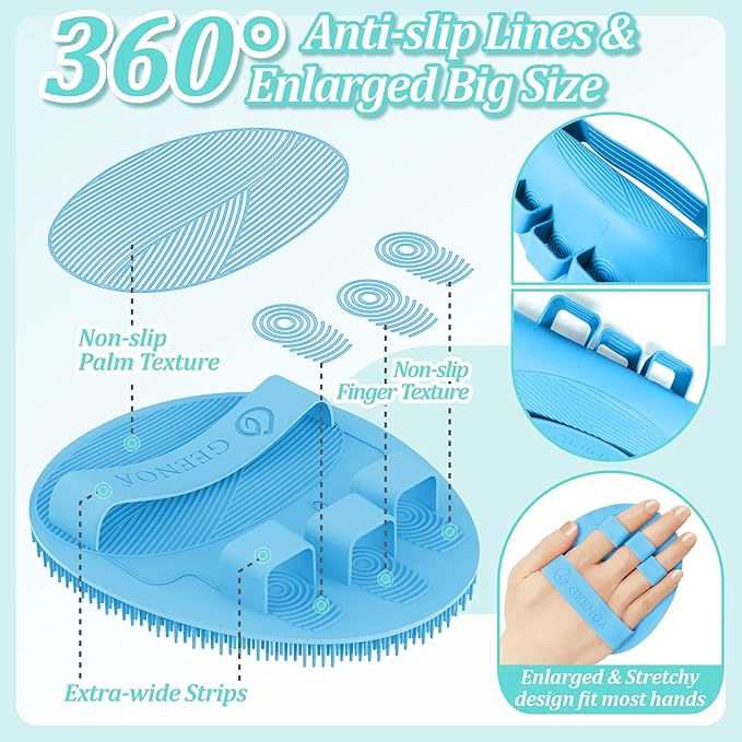 Silicone Bath Glove & Face Scrubber Set 2PCS, 360° Anti-Slip & Hand-fit Body Scrubber for Rich Foaming Deep Cleaning, Unique Facial Scrubber with Side-bristles for Contoured Areas.(Blue)