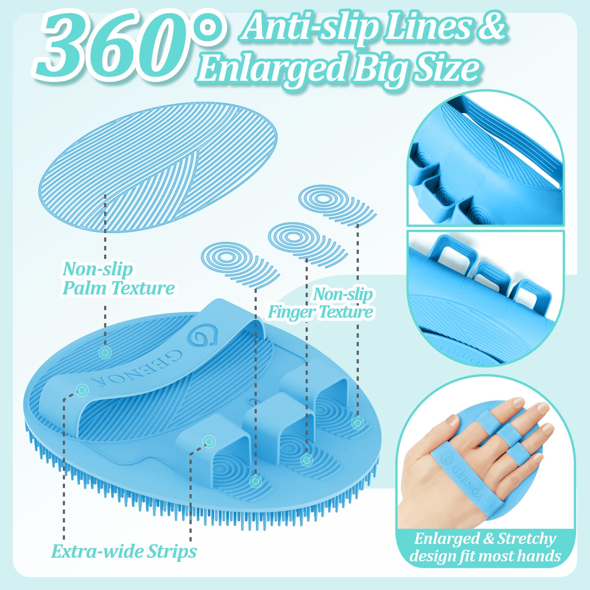 GEENOA Silicone Bath Glove & Face Scrubber Set 2PCS, 360° Anti-Slip & Hand-fit Body Scrubber for Rich Foaming Deep Cleaning, Unique Facial Scrubber with Side-bristles for Contoured Areas.(Blue)