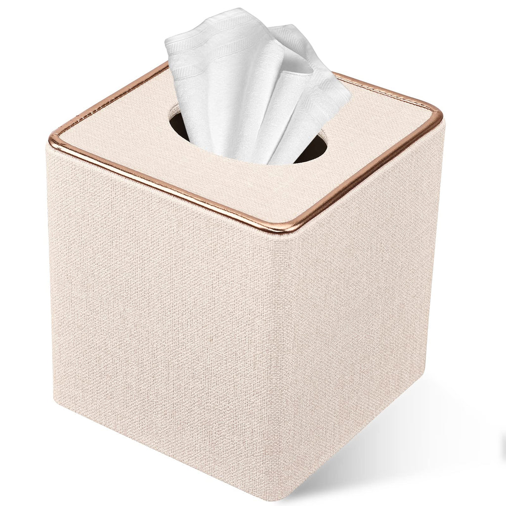 Tissue Box Cover, PU Leather Tissue Box Holder Square Box Covers for Home/Office/Car Decoration 5.3"X5.3"X5.8" - Beige