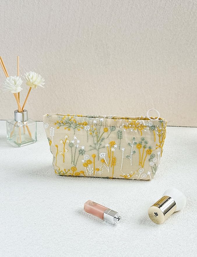 RIKMOXR 2 Pcs Makeup Bags, Large Cosmetic Bag Travel Toiletry Bag Organizer for Women, Embroidery Craft, Floral Makeup Bag Small Cosmetic Pouch Purse with Zipper Gifts for Girls Teen