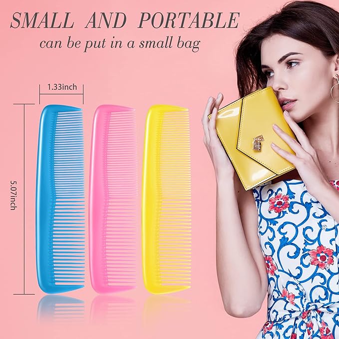 Leinuosen 12 Pieces Hair Combs Set Pocket Plastic Fine Tooth Dressing Comb for Women and Men, Peines Para Cabello(Pink, Yellow, Blue)