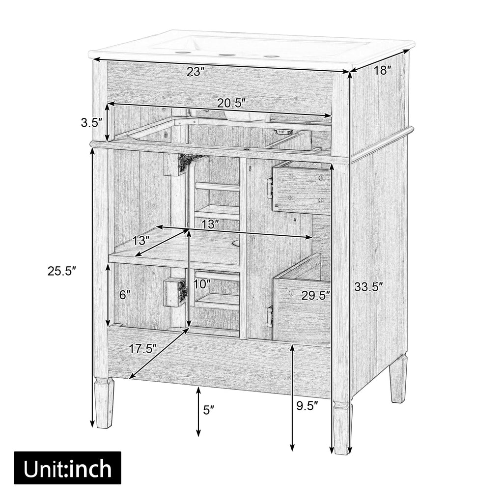 Harper & Bright Designs 24" Bathroom Vanity with Sink, Free Standing Single Basin Vanity Set with Tip-Out Drawer, 2 Drawers, and 2 Doors, Wood Bathroom Cabinet with Ceramic Basin for Bathroom, Wood