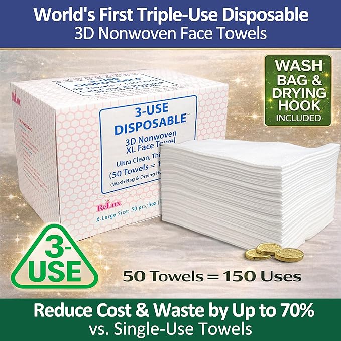 3D Nonwoven Face Towels-XL 13”x10”, 50Cts=150 Uses, Cut Waste & Cost 70%, Ultra-Clean, Soft & Durable, Dual-Surface: Cleanse, Exfoliate, Includes Wash Bag & Hook