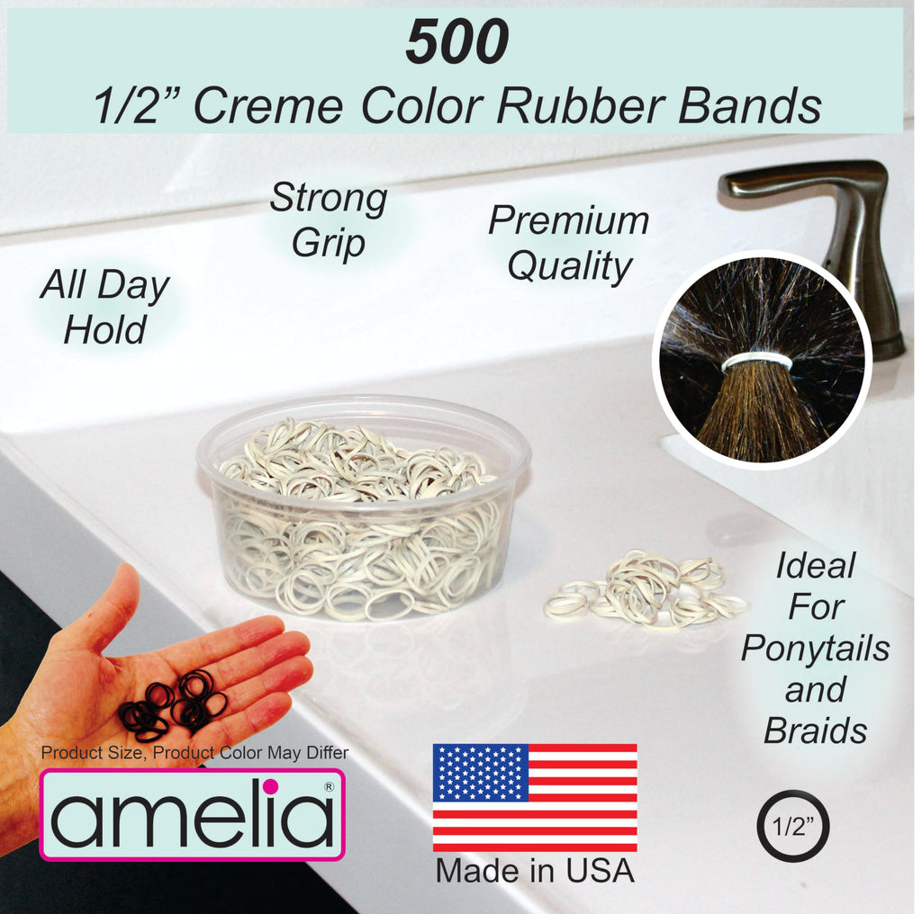 Amelia Beauty 500 Count Small Rubber Bands for Hair – ½" White - Made in USA - Recloseable Container - Mini Hair Elastics for Braids, Ponytails, Cornrows & Twists – Strong Hold Ponytail Holders
