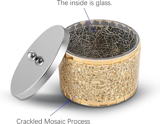 Bathroom Jars q tip holder, Gold Mosaic Glass Cotton Swab Holder, Cosmetics Makeup Accessories Storage for Makeup Sponge Bath Salts Storage Christmas Birthday